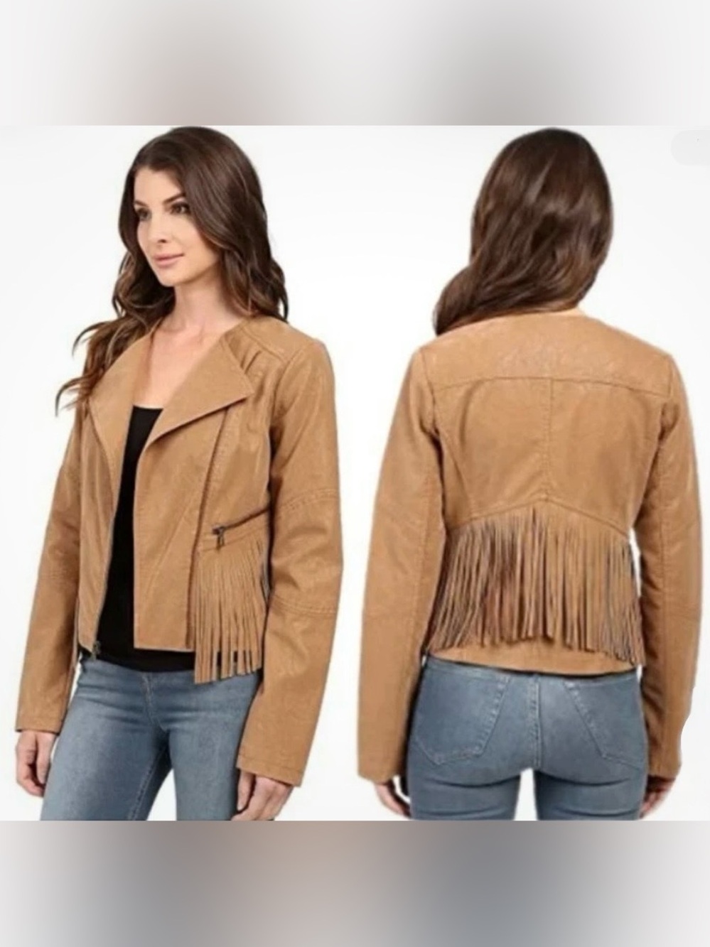 Jessica Simpson Tan Fringe Faux Suede Jacket